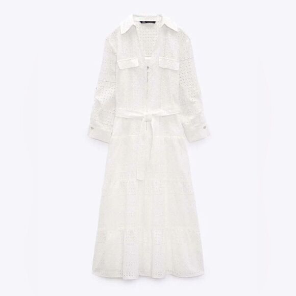ZARA NWT WOMAN V-NECK OPENWORK EMBROIDERED MIDI DRESS WHITE ZIP - Picture 6 of 7